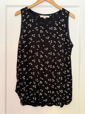 LOFT Black & White Sleeveless Top with Small White Floral Print